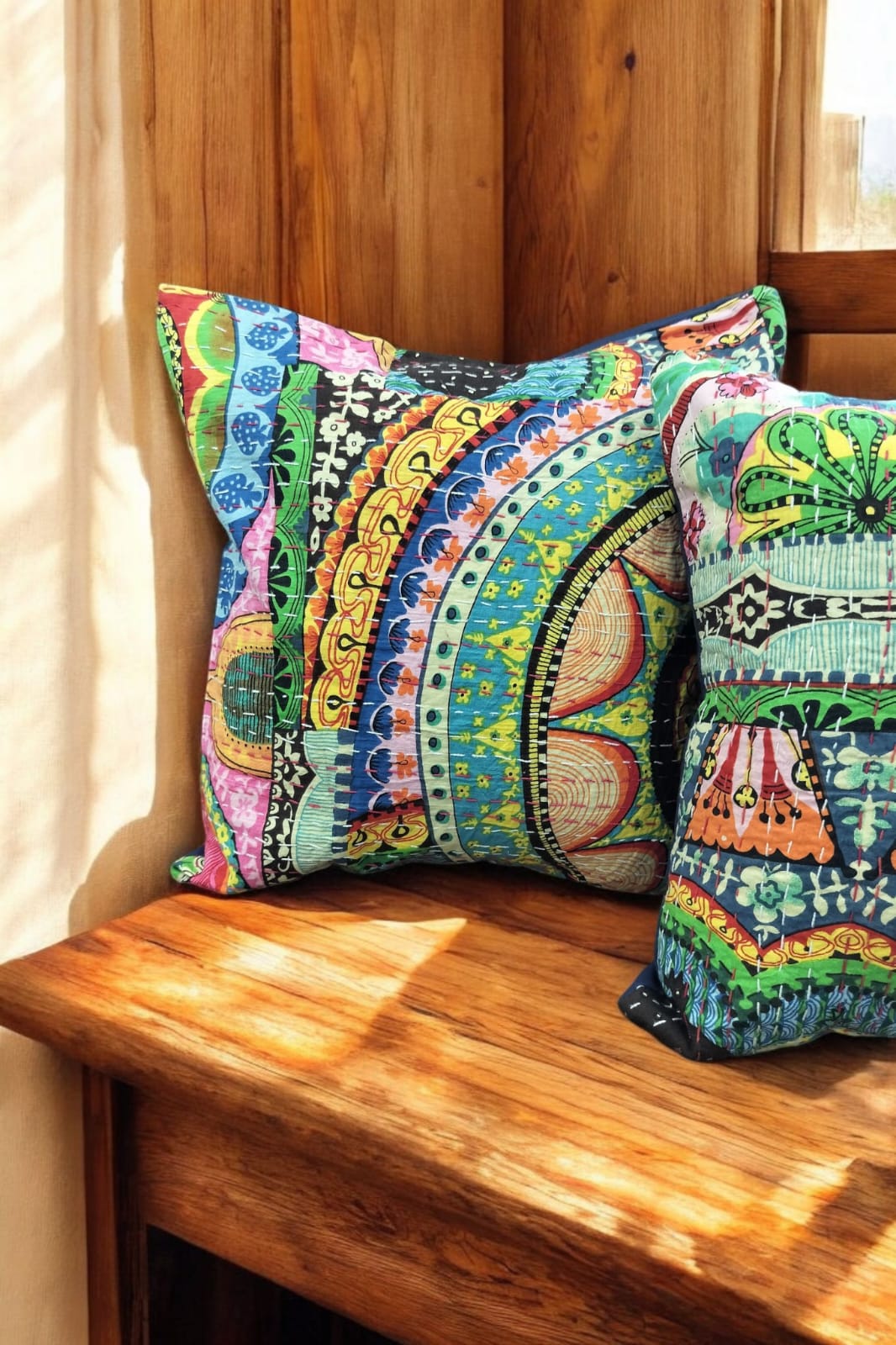 GREEN BASE MULTICOLOURED KANTHA CUSHION COVER SET OF 2 Peach Homes